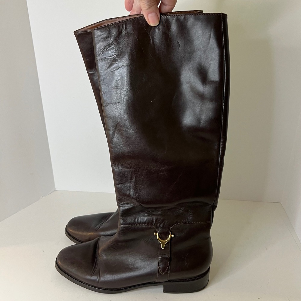 Womens Etienne Aigner Derby Leather Riding Boots‎ Brown Gold Horse Bit Detail 9